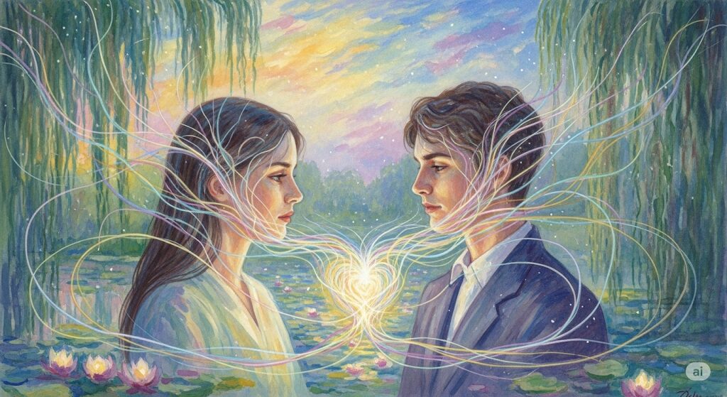 前世で親子や恋人だった二人の言葉を超えた強い絆。見つめ合う男女の心と心が光の糸で結ばれ、テレパシーのような魂レベルでのコミュニケーションを描いた絵画。