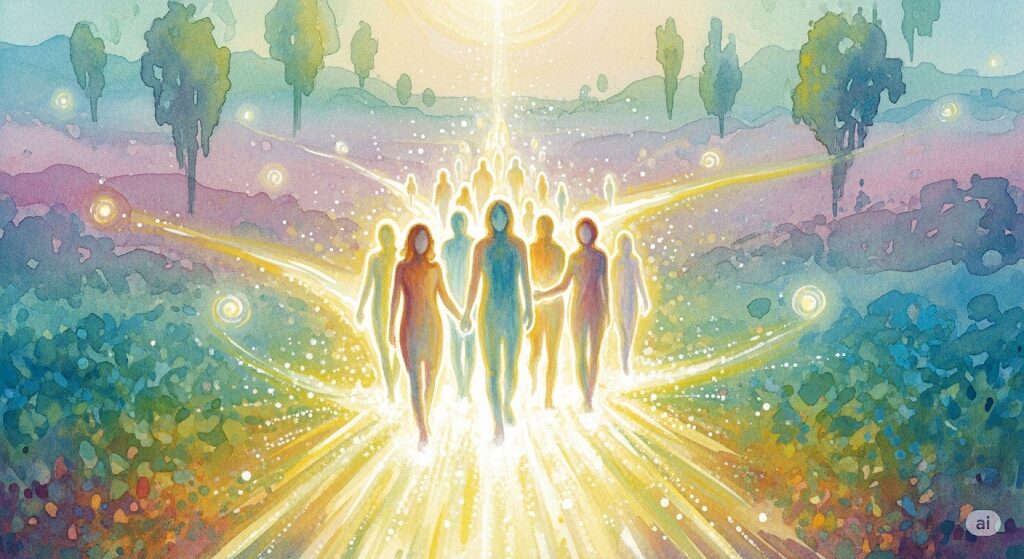 前世で親子や恋人として縁があったソウルメイトたちが、光の道を共に歩む姿。魂の仲間として互いに学び合い、成長していく様子をモネ風の絵画で表現。