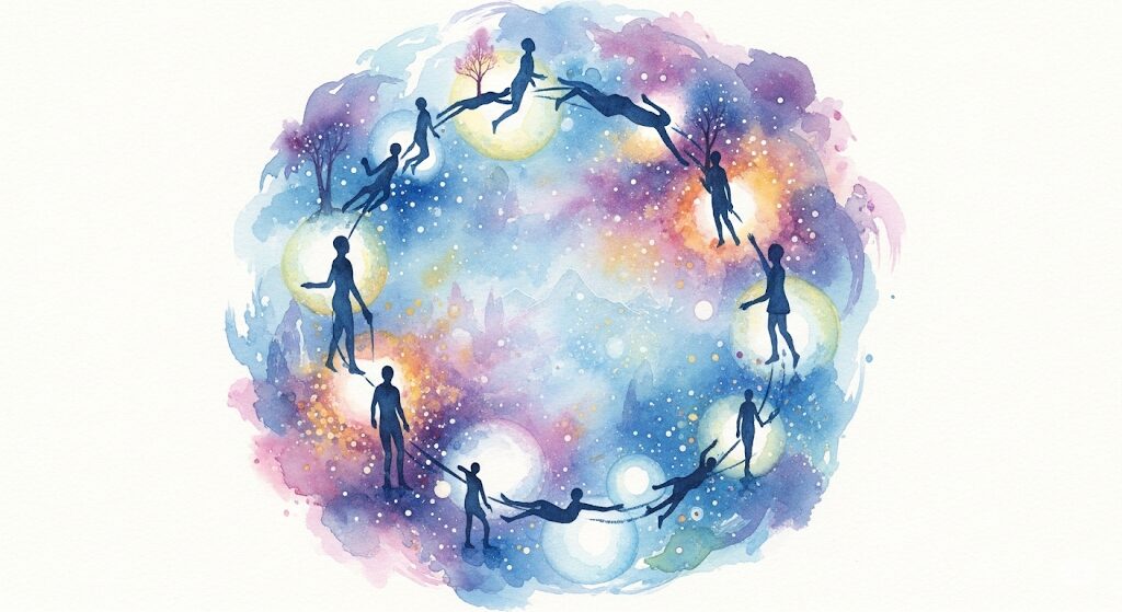 魂が円環を巡る輪廻転生のイラスト。「前世からの因縁の意味」の基礎となる考え方を表現。