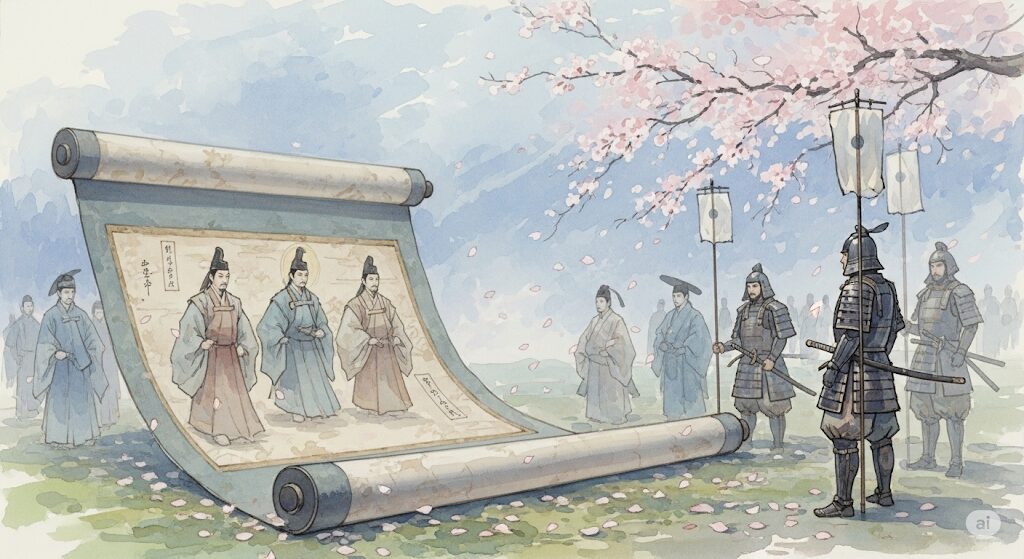 古典文学の巻物を描いた水彩画。「前世からの因縁の意味」が物語のテーマとして使われる様子を象徴。