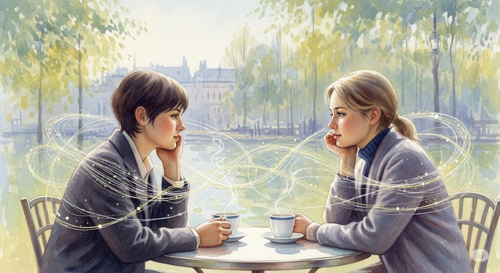 カフェで話す二人を光の糸が結ぶ絵。「前世からの因縁の意味」が持つ運命的なニュアンスを表現。
