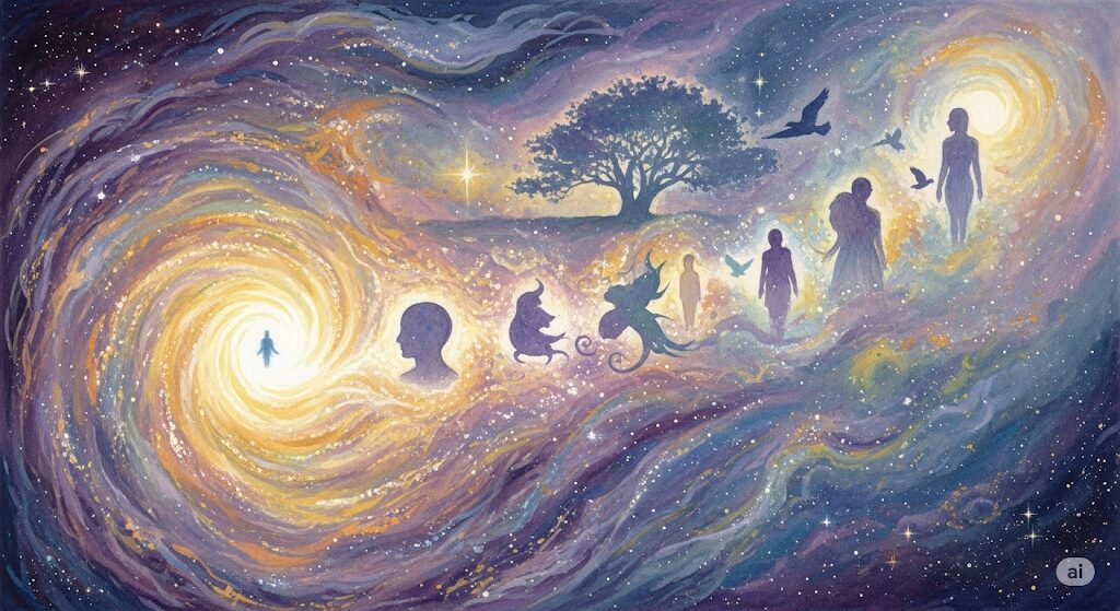 魂が転生していく輪廻転生を描いた宇宙的な水彩画。痣は前世の恋人との魂の約束を伝えるメッセージであることを表現している。