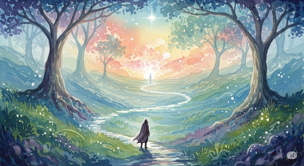 孤独な人物が長い旅路を歩む幻想的な水彩画。痣は前世の恋人と再会するための1000年の試練という伝承を物語っている。