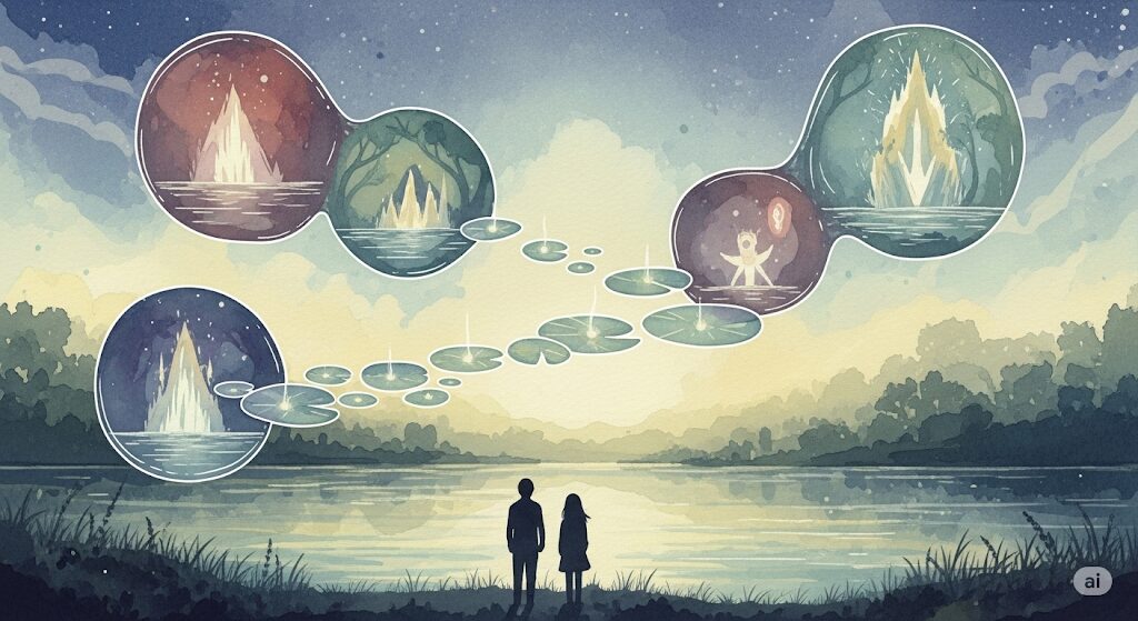 湖のほとりに立つ男女が運命的な偶然の一致を眺めている水彩画。痣は前世の恋人との不思議な繋がりと運命を象徴している。