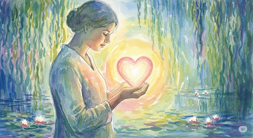 輝くハートを優しく抱きしめる女性の水彩画。痣は前世の恋人に対して自然と湧き上がる、見返りを求めない特別な愛情を象徴している。