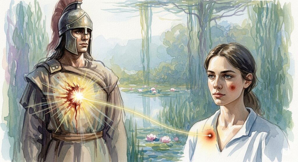 前世の戦士の致命傷が、現世の女性の痣に対応している水彩画。痣は前世の恋人の死因と深く関係しているという説を表現している。