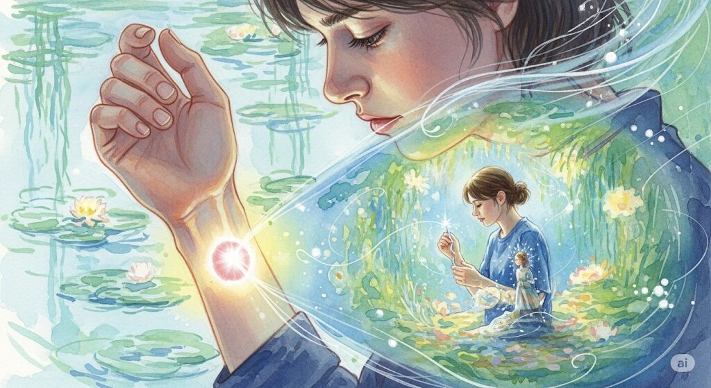 自分の手首に光る痣を見つめる女性。その光が、現世で目標を達成する姿を映し出している水彩画。痣は前世の恋人からのメッセージであり、それを現世で活かす様子を描いている。