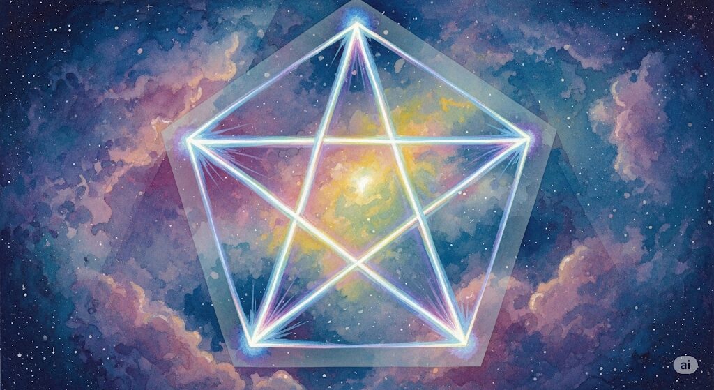 宇宙空間に描かれた、ペンタゴンと内接する五芒星。ペンタゴンのスピリチュアルな意味との深い関係を示すイラスト。