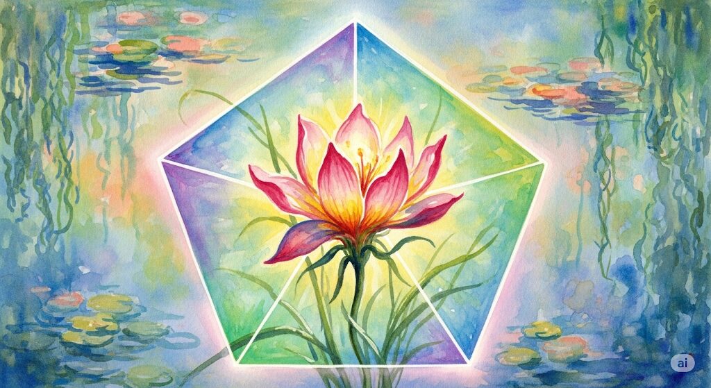 光るペンタゴンの中心で咲き誇る花。生命力と自己成長というペンタゴンのスピリチュアルな意味を象徴する水彩画。