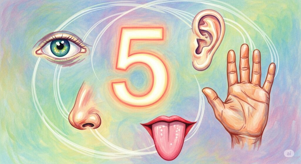 光り輝く数字の5と、人間の五感（目・耳・鼻・舌・手）。数字の5が持つペンタゴンのスピリチュアルな意味を示す水彩画。