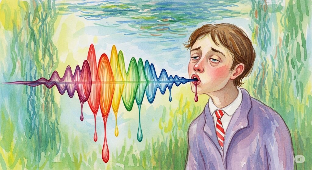 飲み過ぎによる波動の低下と、霊感とお酒の関係性を描いたモネ風水彩画。人物の口から虹色のエネルギーが滴り落ち、スピリチュアルな波動が下がっていく様子を表現。