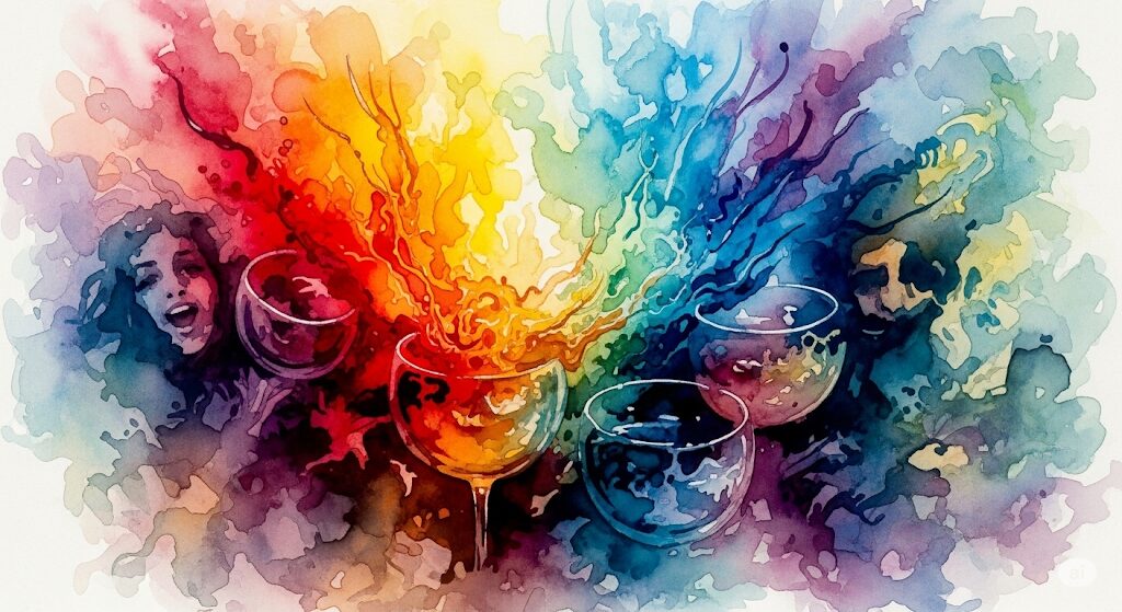 霊感とお酒が感情を増幅させる様子を描いた抽象的なモネ風水彩画。グラスから溢れ出す情熱的な赤と冷静な青のエネルギーが、心の振れ幅を象徴している。