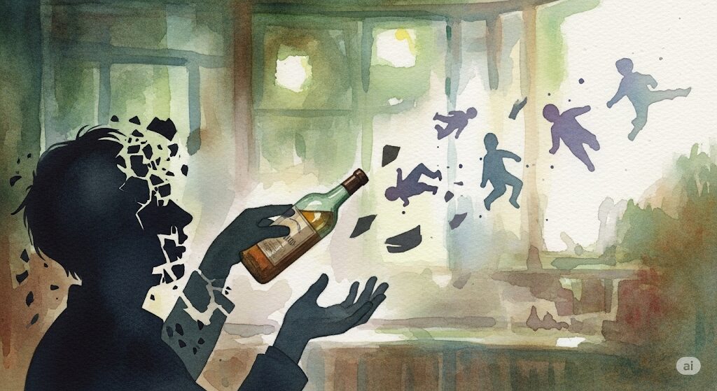 泥酔による憑依のリスクと霊感とお酒の関係を示すモネ風水彩画。お酒を持つ人物の魂が砕け、霊的な存在が抜け出していく様子が描かれ、無防備な状態を暗示。