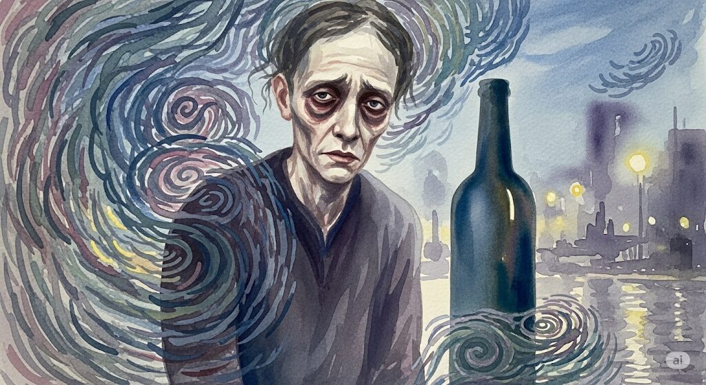 霊感とお酒の観点から見た、飲み過ぎによる心身への弊害を描いたモネ風水彩画。憔悴した表情の人物と乱れたエネルギーが、心と体のバランスの崩壊を表している。