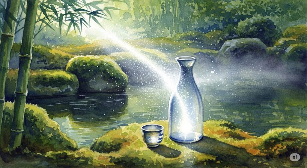 日本酒が持つ浄化作用と霊感とお酒の別の側面を描いたモネ風水彩画。徳利とお猪口から放たれる清らかな光が、邪気を払い空間を浄化するスピリチュアルな力を象徴。