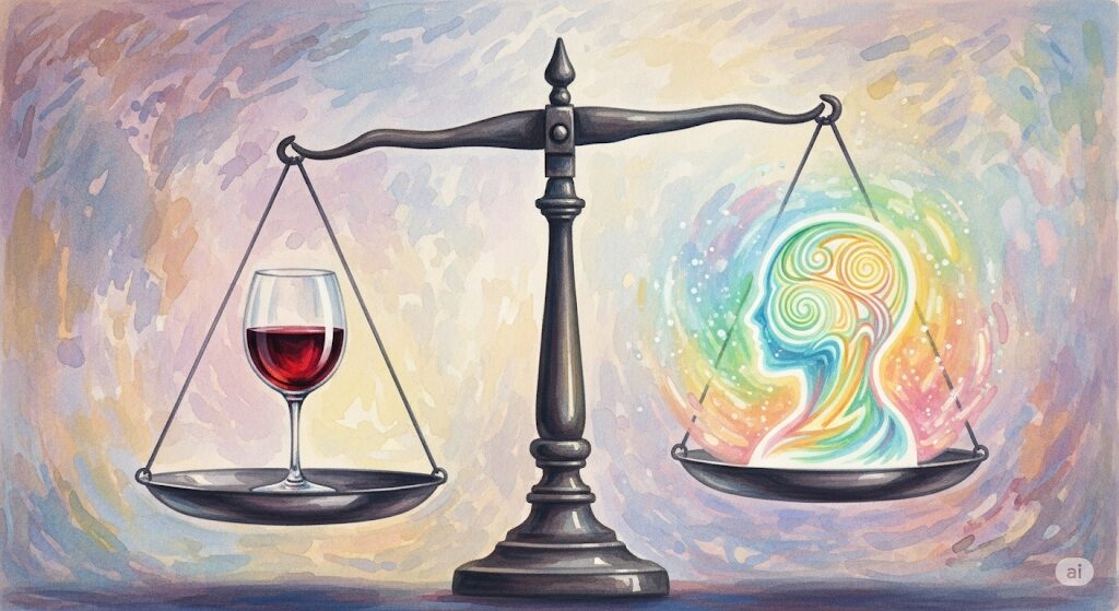 心身の健康と霊感とお酒のバランスを描いたモネ風水彩画。天秤の一方に置かれたワイングラスともう一方の輝く心身が釣り合い、節度ある飲酒の重要性を示している。
