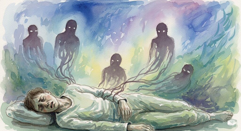 体調不良で横になる人の周りに漂う黒い影。霊感による吐き気や不調のスピリチュアルな原因を象徴する絵。