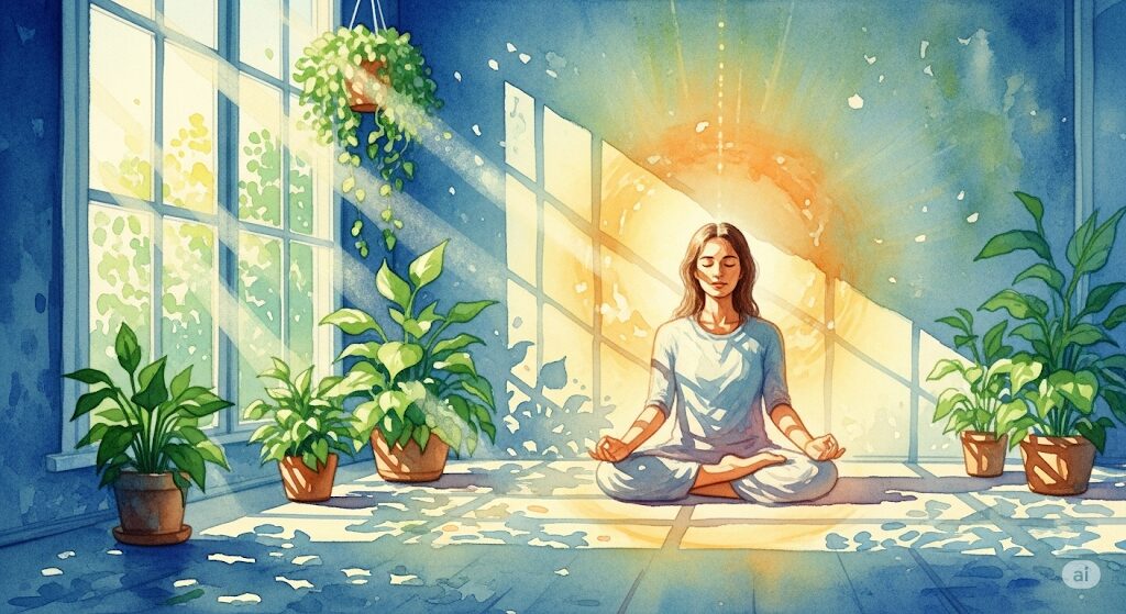 明るい部屋で植物に囲まれ瞑想する女性。霊感による吐き気を防ぐための日常的な霊障対策のイメージ。