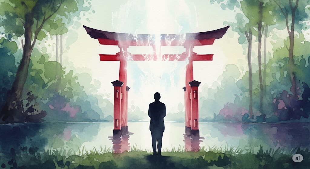 光が差し込む神社の鳥居の前に立つ人物のシルエット。霊感による吐き気を鎮めるためお祓いを検討する様子。
