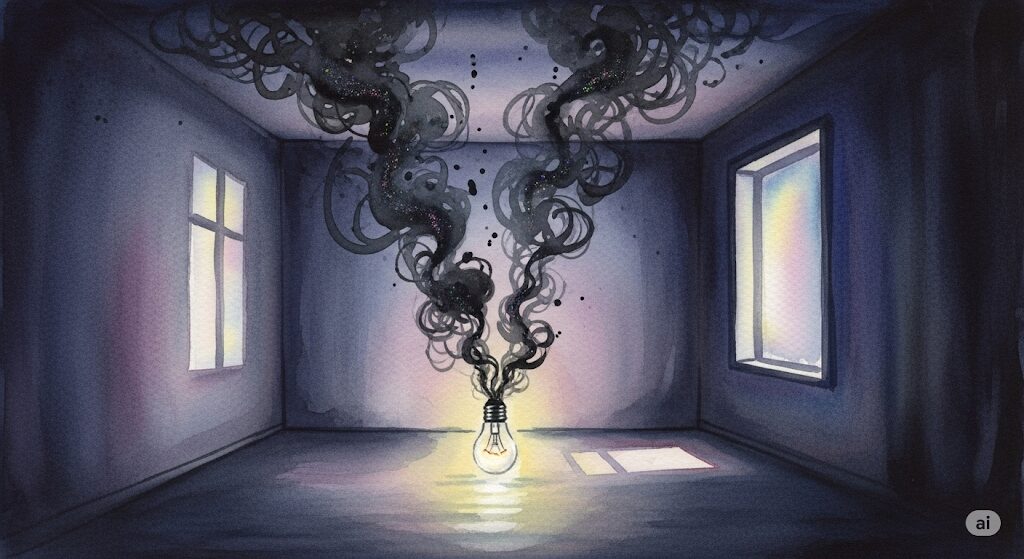 部屋の電球が突然消える瞬間の水彩画。霊感と電気を通じて送られるサインをイメージ。