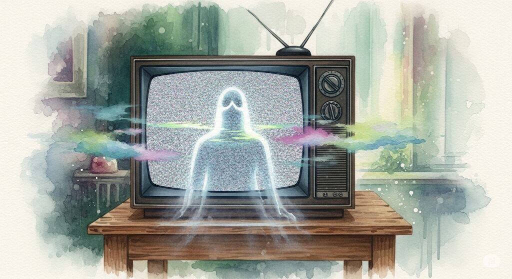 砂嵐のテレビに幽霊が浮かび上がる心霊現象の水彩画。霊感と電気にまつわるトラブルの様子。