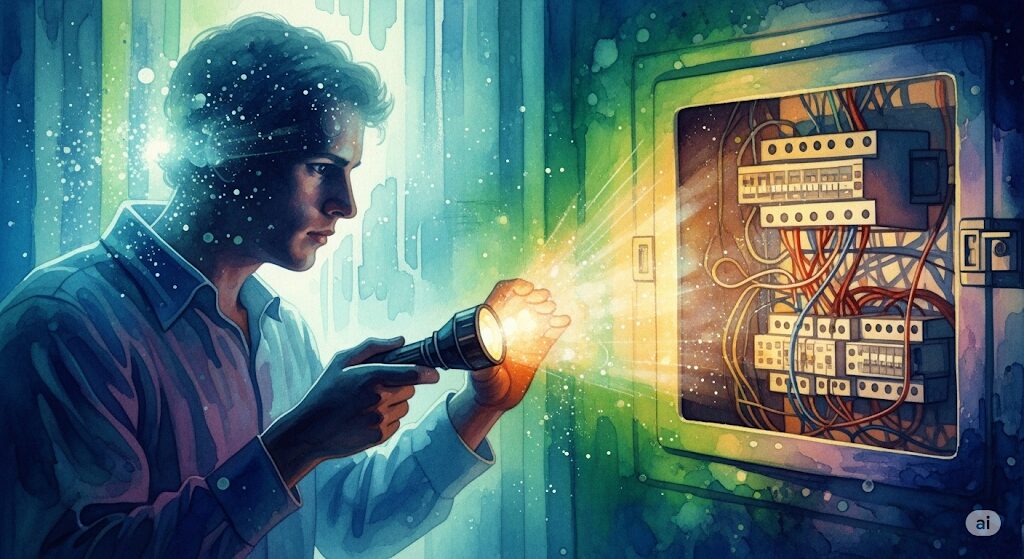 家の電気系統をチェックする様子の水彩画。霊感と電気トラブル発生時の冷静な対応。