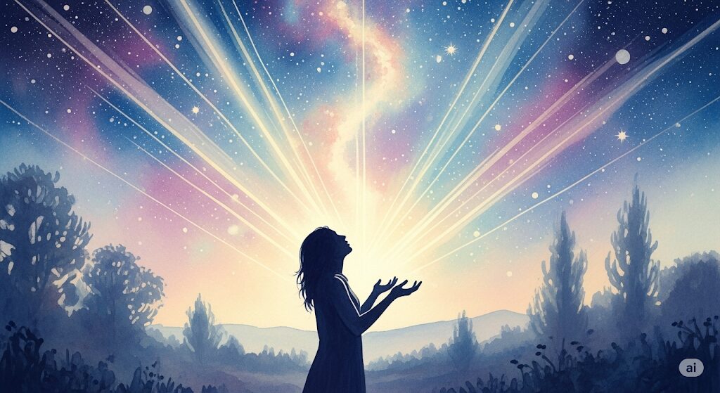 霊感という能力を象徴する水彩画。夜空の下で女性が宇宙からのエネルギーを受け取っており、目に見えない電磁波のような存在を感じ取る様子を描いている。