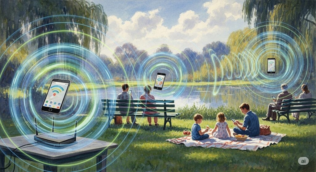 日常生活に存在する電磁波を可視化した水彩画。公園のスマホやWi-Fiからエネルギーの輪が広がる様子。霊感が強い人は、このような電磁波を知覚するのかもしれない。
