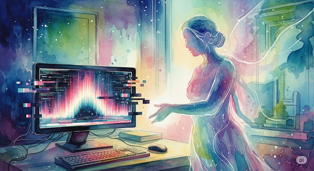 霊感と電磁波の干渉でOA機器が不具合を起こす様子を描いた水彩画。故障したパソコンの横に立つ霊的な女性が、機器に影響を与えている。