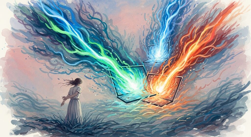 霊感が強く電磁波に敏感な人の感覚を表現した水彩画。パソコンから発せられる強力でカオスなエネルギーの波に、ひとりの女性が圧倒されている。