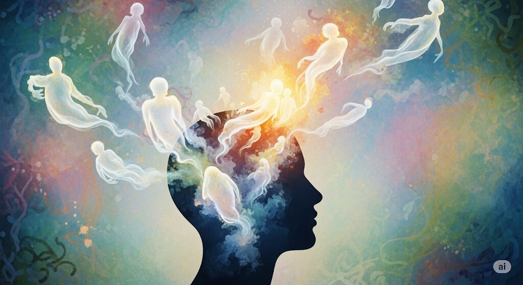 霊は思念であるという主張を表す水彩画。霊感と電磁波の議論を超え、人の思考から生まれる霊的な存在を描き出している。