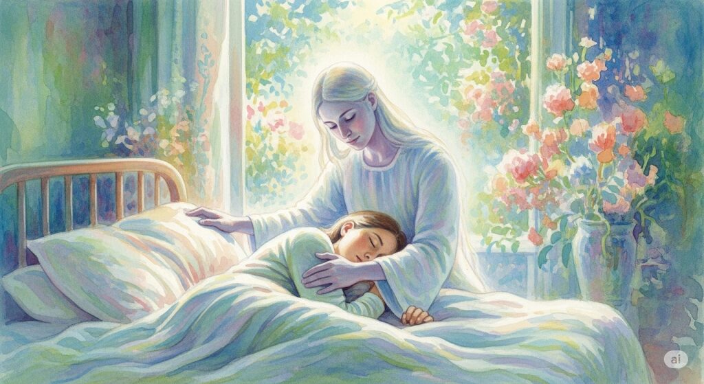 霊感がある人が夢を見るときに亡くなった人が現れる理由を示す、眠る人を優しく見守る故人の姿を描いた水彩画。