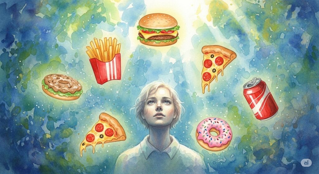 霊感で太る時の衝動的な食欲を表現した水彩画。光り輝くジャンクフードに魅了される人物が、霊的な影響による食欲を示す。