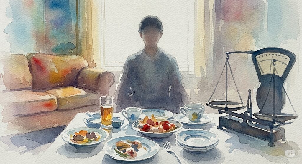「霊感で太る」だけでなく、食事や生活習慣といった一般的な肥満要因を考えさせる水彩画。テーブルの食事と体重計が象徴的なイラスト。
