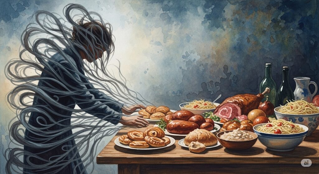 「霊感で太る」原因の一つ、ストレスによる過食をイメージした水彩画。黒い影のようなストレスが人物を食事へと追いやる様子を描いたイラスト。