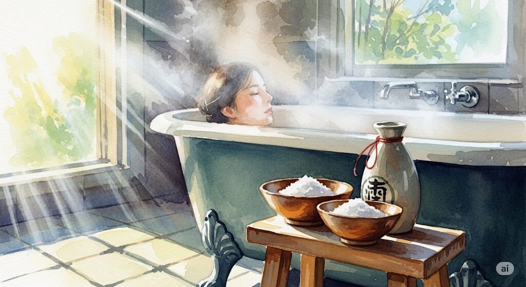 「霊感で太る」と感じた時に試したいお祓いをテーマにした水彩画。塩と日本酒が置かれた湯船で心身を清めるリラックスした様子のイラスト。