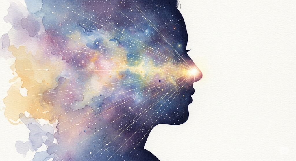 水っぽい鼻水がスピリチュアルなアンテナの役割を果たす様子を描いたアート。宇宙からのエネルギーが人の鼻に集まる様子を表現し、直感との繋がりを示唆する。