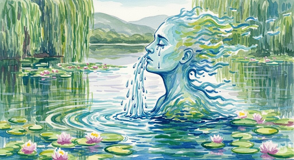 水っぽい鼻水のスピリチュアルな感情解放と浄化のサインを表現したイラスト。涙と鼻水が癒やしの川に溶け込んでいく様子は、心のデトックスを象徴している。