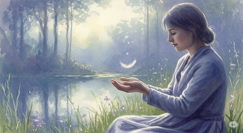 水っぽい鼻水のスピリ-チュアルなサインを受け取った時の心構えを象徴するアート。女性が感謝と共に、天から舞い降りるスピリチュアルなサイン(羽)を受け取る姿。