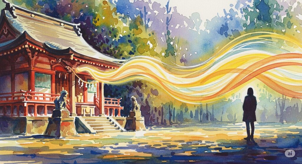 神社で体が熱くなる理由の一つ、スピリチュアルなエネルギーとの共鳴をイメージした水彩画。神社から放たれる黄金の波動が人と共鳴している様子。