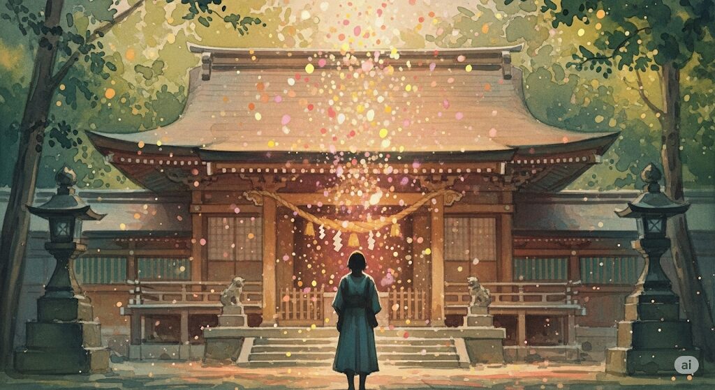 神社で体が熱くなるのは運気上昇のサイン。好転反応をイメージし、参拝者を包むように上昇する温かい光の粒子を描いた美しい水彩画。
