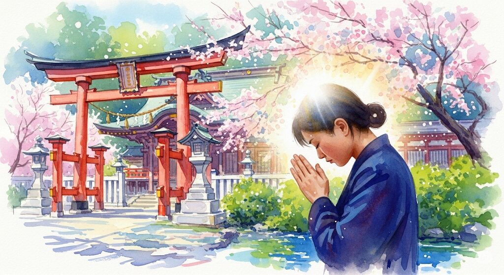 神社で体が熱くなる心理的な要因を表現した水彩画。深く祈りを捧げる参拝者の精神集中が、頭の周りの神々しい光として描かれている。