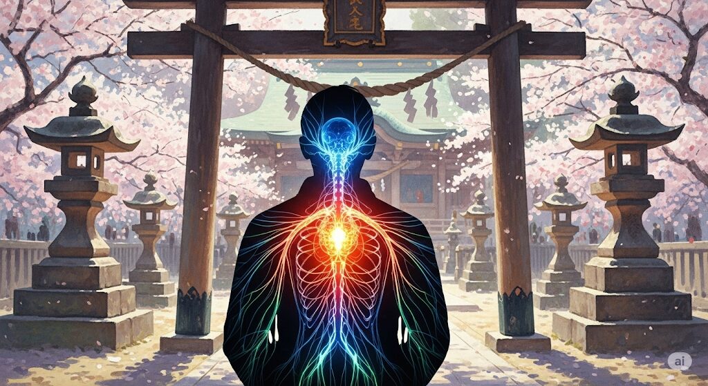 神社で体が熱くなるのは自律神経の影響も。体調の変化を、神社の参拝者のシルエットに重ねた光る神経網で芸術的に表現した水彩画。
