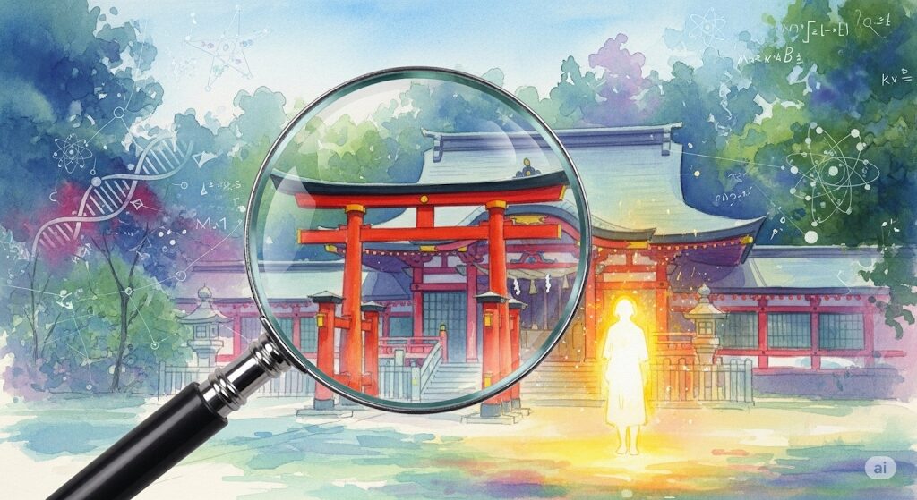 神社で体が熱くなる現象に科学的根拠はあるのか?虫眼鏡と背景の科学記号で、スピリチュアルな体験を探求する様子を描いた水彩画。