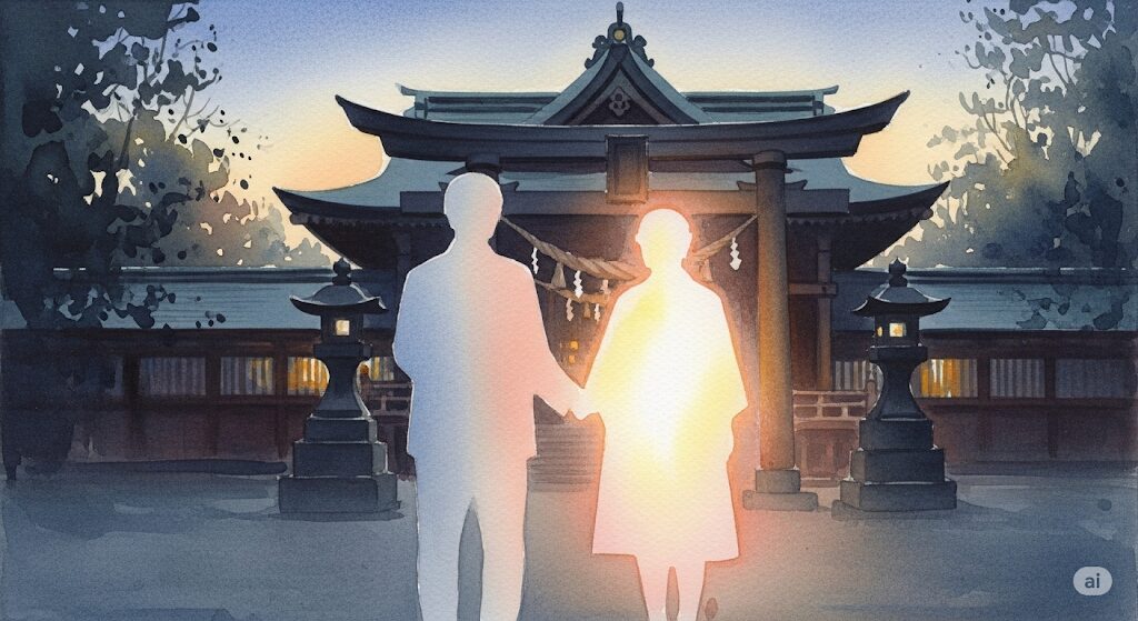 神社で体が熱くなるのはご祭神との相性も。エネルギーが共鳴する様子を光る人影で、合わない様子を透明な人影で表現した水彩画。