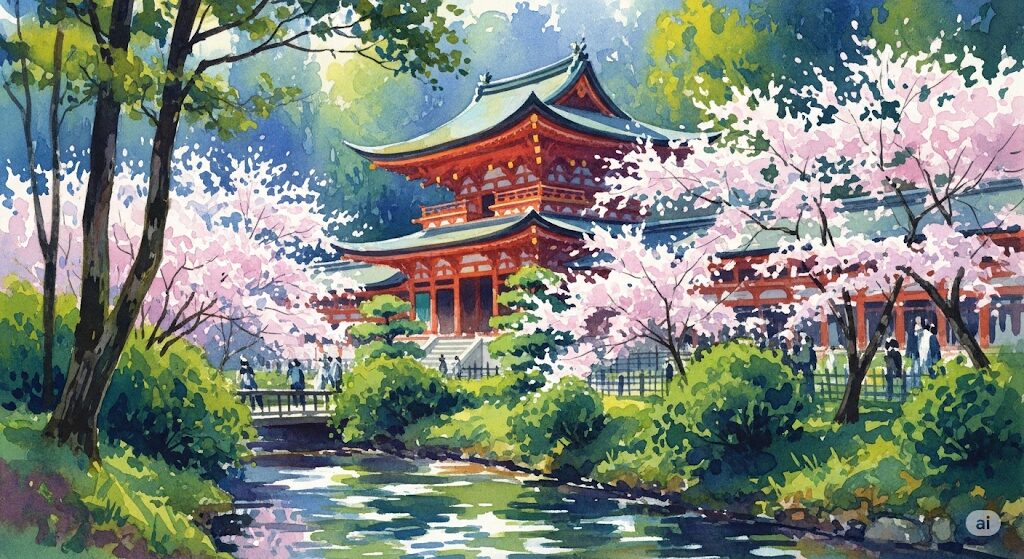 神社で体が熱くなる体験をしやすい、エネルギーに満ちた神社の特徴を表現した水彩画。豊かな自然と清らかな小川、神聖な光が描かれている。
