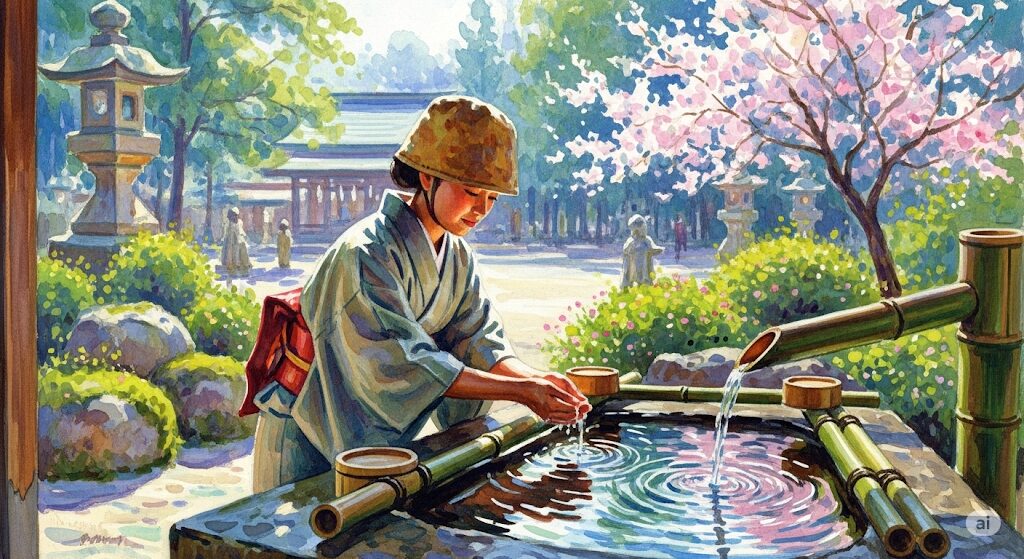 神社で体が熱くなる感覚を高める心構えを、手水舎で静かに心身を清める参拝者の姿で象徴的に描いた美しい水彩画。