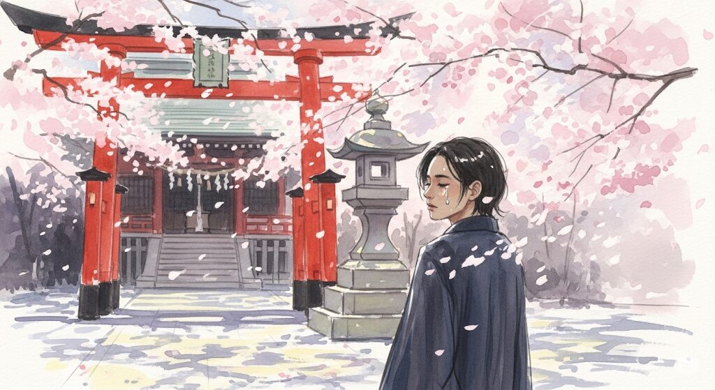 神社で体が熱くなる以外のスピリチュアルな体感をイメージした水彩画。心地よい風に舞う桜と、魂が浄化され喜びの涙を流す様子。