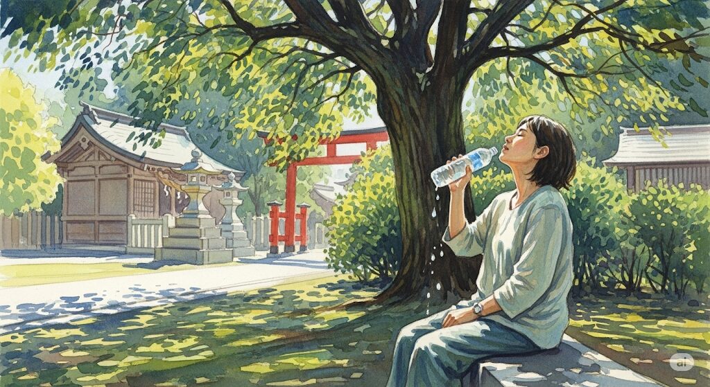 神社で体が熱くなる時の対処法として、境内の木陰で深呼吸し、水分補給をしながら心を落ち着ける様子を描いた穏やかな水彩画。