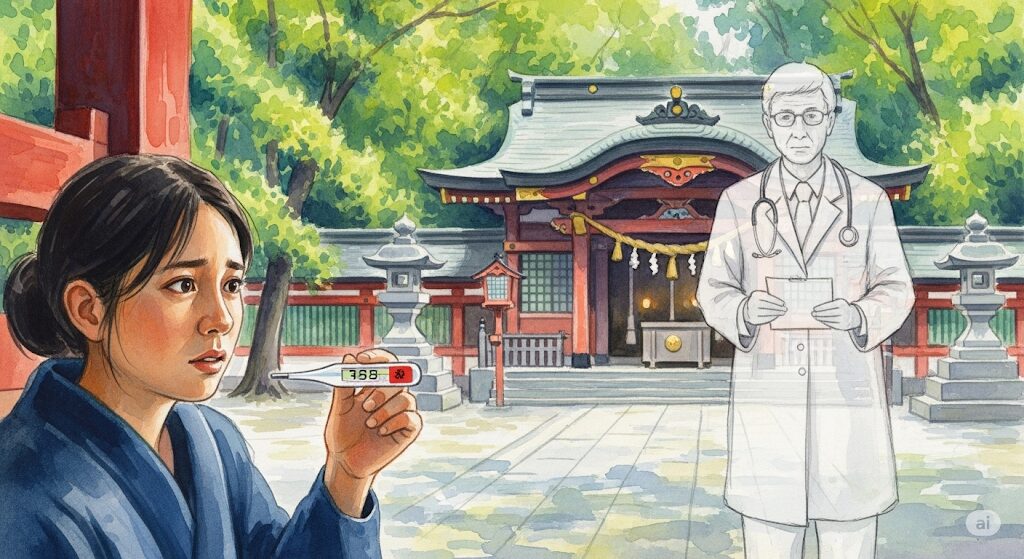 神社で体が熱くなる現象が続く場合の注意点を描いた水彩画。体温計を確認する参拝者の背後に医師の姿を重ね、医療機関の受診を促している。